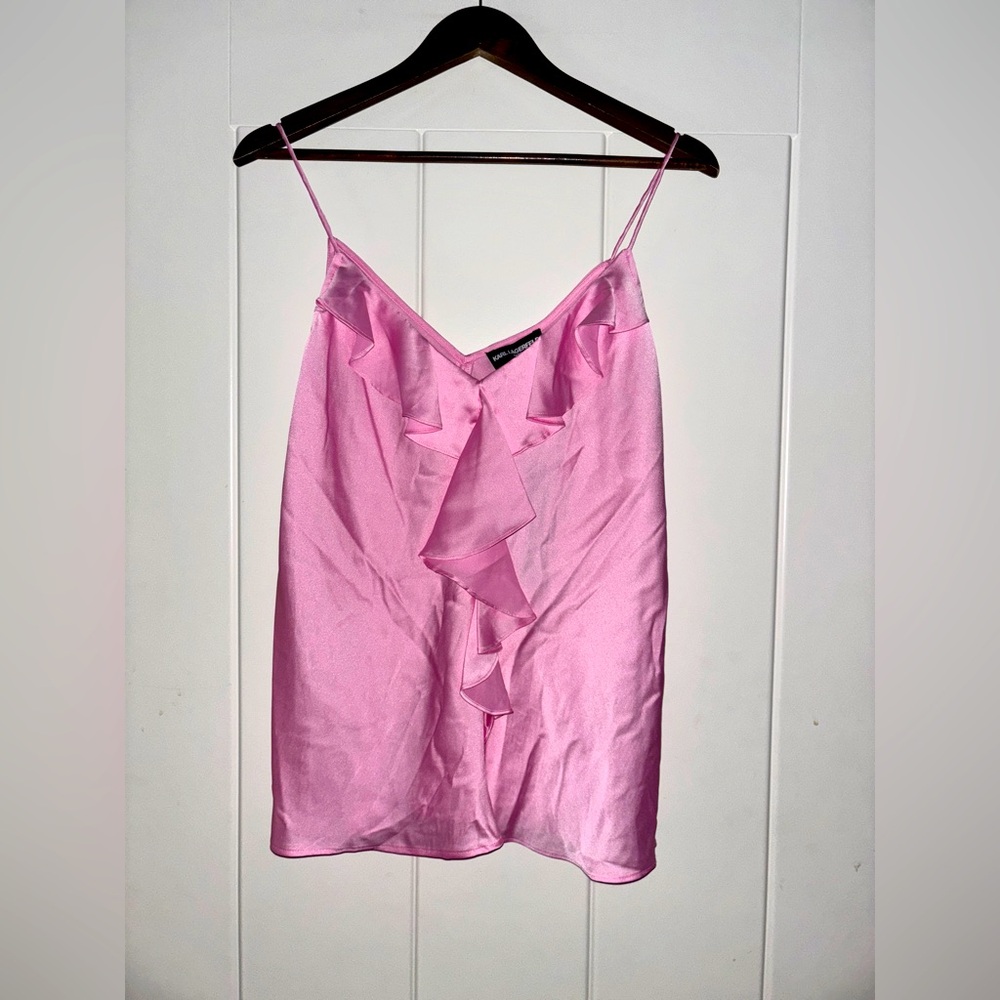 Karl Lagerfeld Pink Babydoll Coquette Pink Ruffle Silk Cami Top Women L NEW